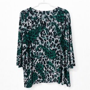 Large JM Collection Teal and Black leopard cheetah Animal Print Blouse